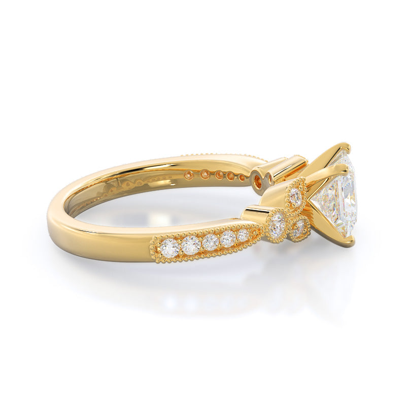 Princess Cut Vintage Leaf Diamond Engagement Ring with Lab Grown Diamond in 14KT Yellow Gold view 3

