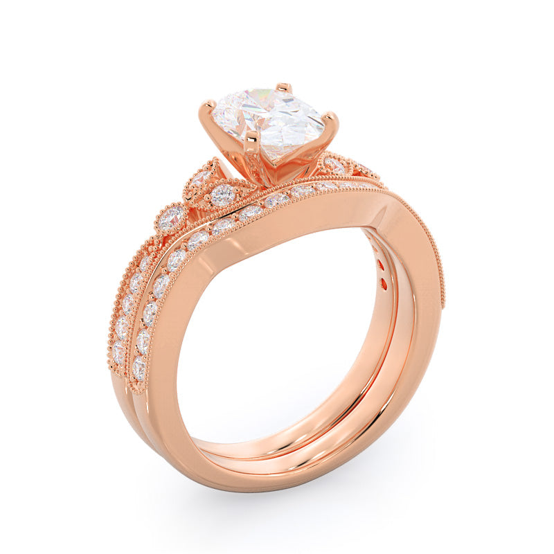 Oval Cut Vintage Leaf Diamond Engagement Ring with Lab Grown Diamond in 14KT Rose Gold view 7
