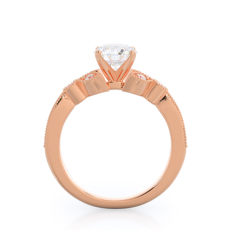 Round Cut Vintage Leaf Diamond Engagement Ring with Lab Grown Diamond in 14KT Rose Gold view 2
