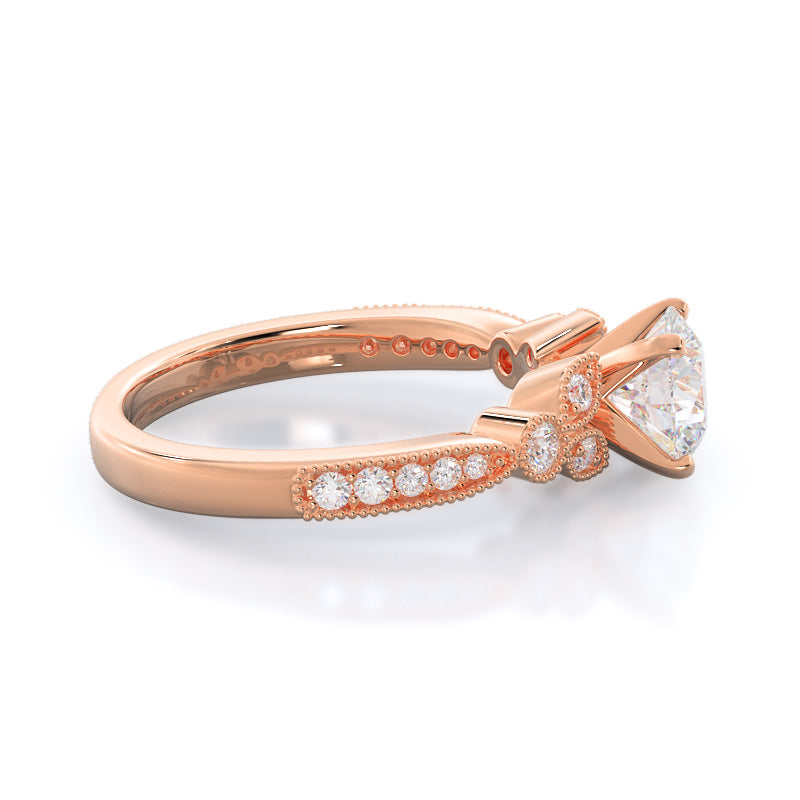 Round Cut Vintage Leaf Diamond Engagement Ring with Lab Grown Diamond in 14KT Rose Gold view 3
