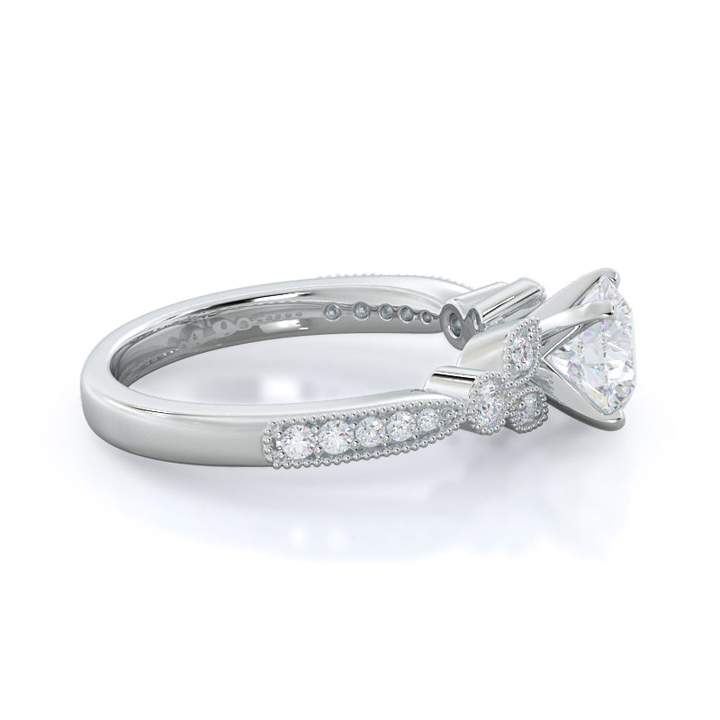 Round Cut Vintage Leaf Diamond Engagement Ring with Lab Grown Diamond in 14KT Platinum view 3

