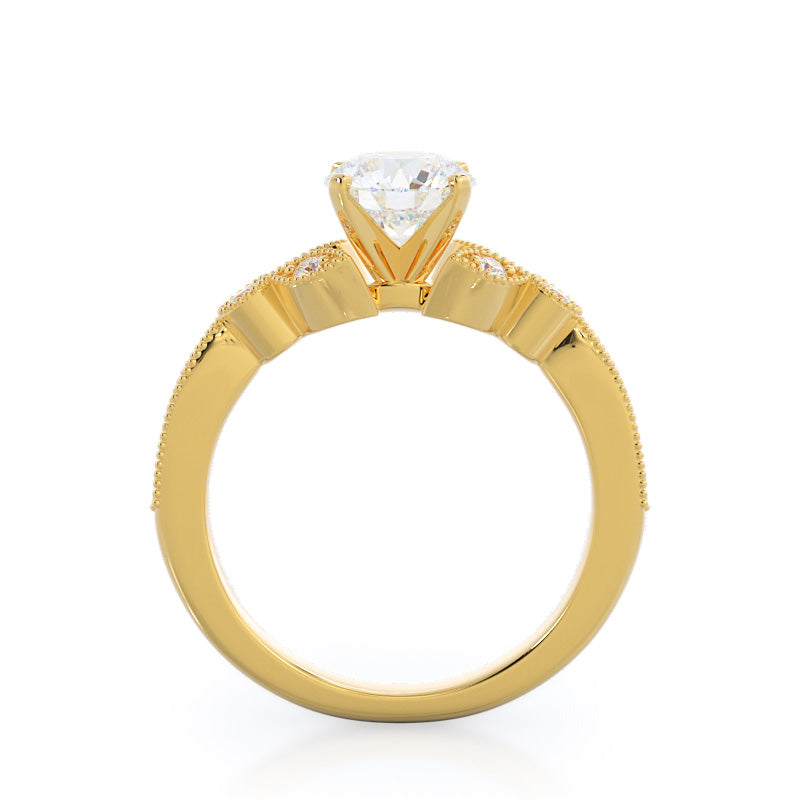 Round Cut Vintage Leaf Diamond Engagement Ring with Lab Grown Diamond in 14KT Yellow Gold view 2

