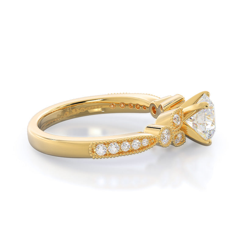 Round Cut Vintage Leaf Diamond Engagement Ring with Lab Grown Diamond in 14KT Yellow Gold view 3
