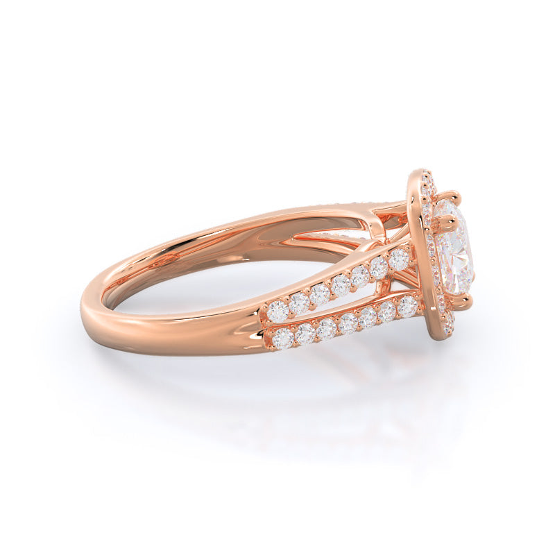 Split Shank Rounded Halo Diamond Engagement Ring with Cushion Cut Diamond in 14KT Rose Gold view 3

