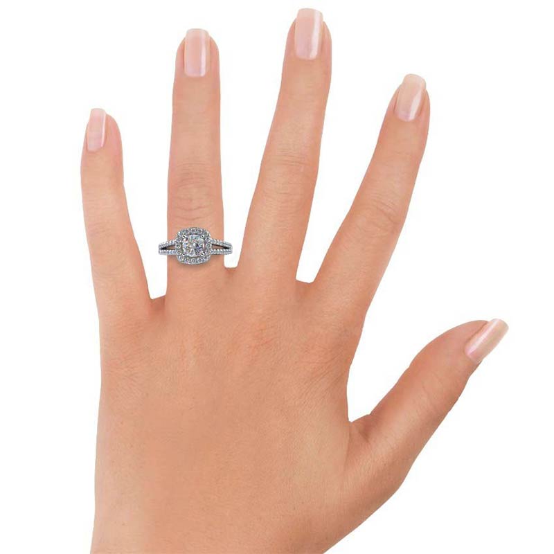 Split Shank Rounded Halo Diamond Engagement Ring with Cushion Cut Diamond in 14KT Platinum view 4
