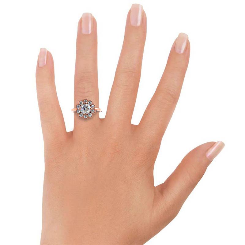 Milgrain Flower Halo Diamond Engagement Ring with Round Cut Diamond in 14KT Rose Gold view 5
