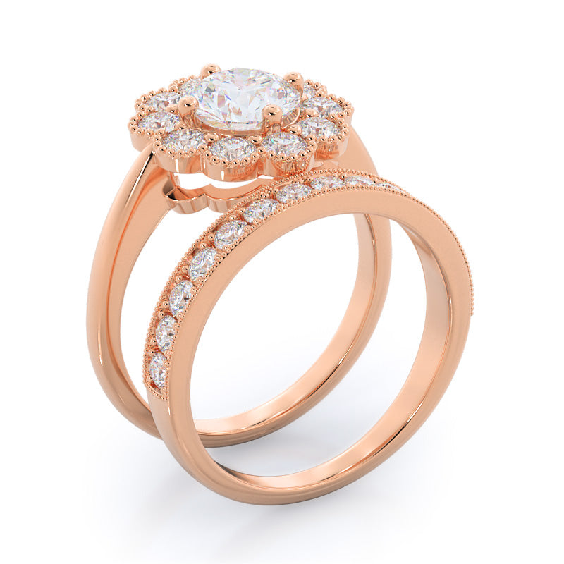 Milgrain Flower Halo Diamond Engagement Ring with Round Cut Diamond in 14KT Rose Gold view 4

