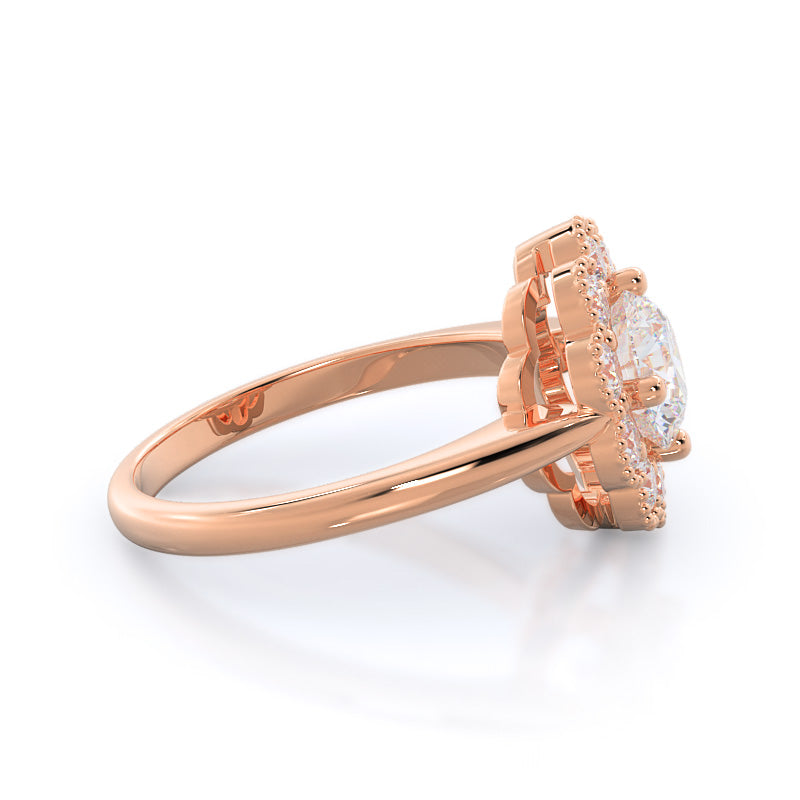 Milgrain Flower Halo Diamond Engagement Ring with Round Cut Diamond in 14KT Rose Gold view 3
