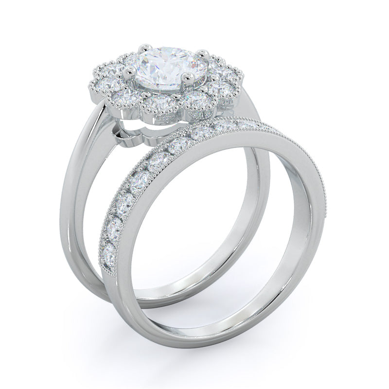 Milgrain Flower Halo Diamond Engagement Ring with Round Cut Diamond in 14KT Platinum view 4

