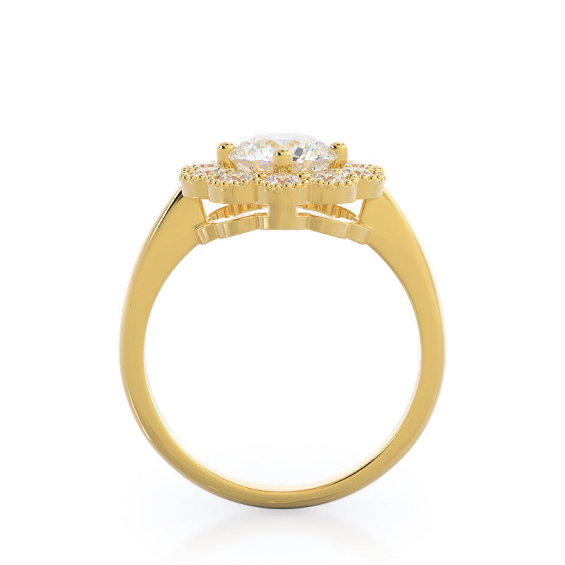 Milgrain Flower Halo Diamond Engagement Ring with Round Cut Diamond in 14KT Yellow Gold view 2
