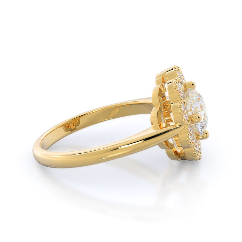 Milgrain Flower Halo Diamond Engagement Ring with Round Cut Diamond in 14KT Yellow Gold view 3
