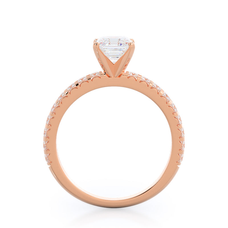 French Set Pave Diamond Engagement Ring with Asscher Cut Diamond in 14KT Rose Gold view 2

