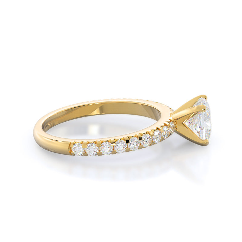 French Set Pave Diamond Engagement Ring with Cushion Cut Diamond in 14KT Yellow Gold view 3
