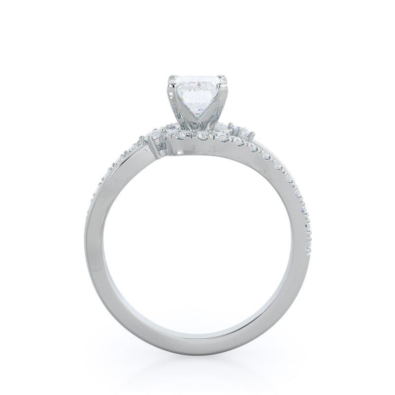Two Tone Bypass Diamond Engagement Ring with Emerald Cut Diamond in 14KT Platinum view 2
