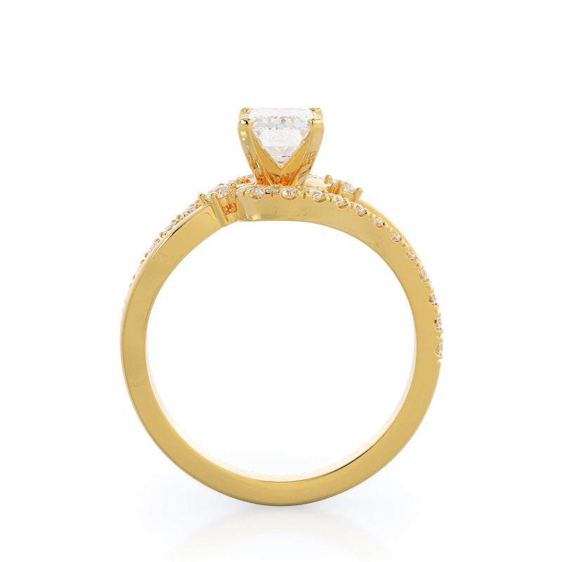 Two Tone Bypass Diamond Engagement Ring with Emerald Cut Diamond in 14KT Yellow Gold view 2
