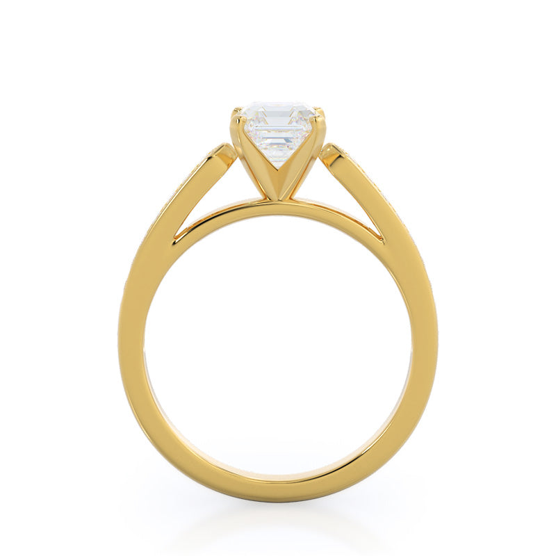 Tapered Cathedral Diamond Engagement Ring with Asscher Cut Diamond in 14KT Yellow Gold view 2
