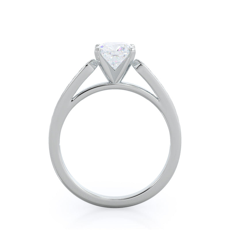 Tapered Cathedral Diamond Engagement Ring with Cushion Cut Diamond in 14KT Platinum view 2
