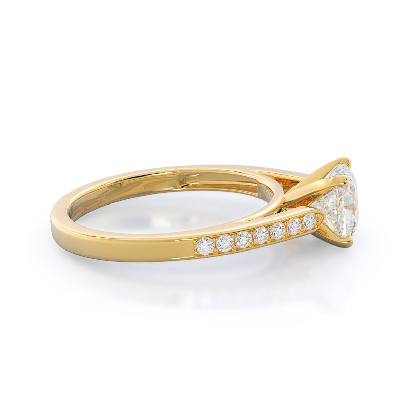 Tapered Cathedral Diamond Engagement Ring with Cushion Cut Diamond in 14KT Yellow Gold view 3
