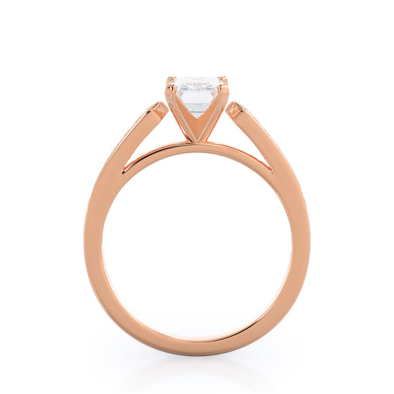 Tapered Cathedral Diamond Engagement Ring with Emerald Cut Diamond in 14KT Rose Gold view 2
