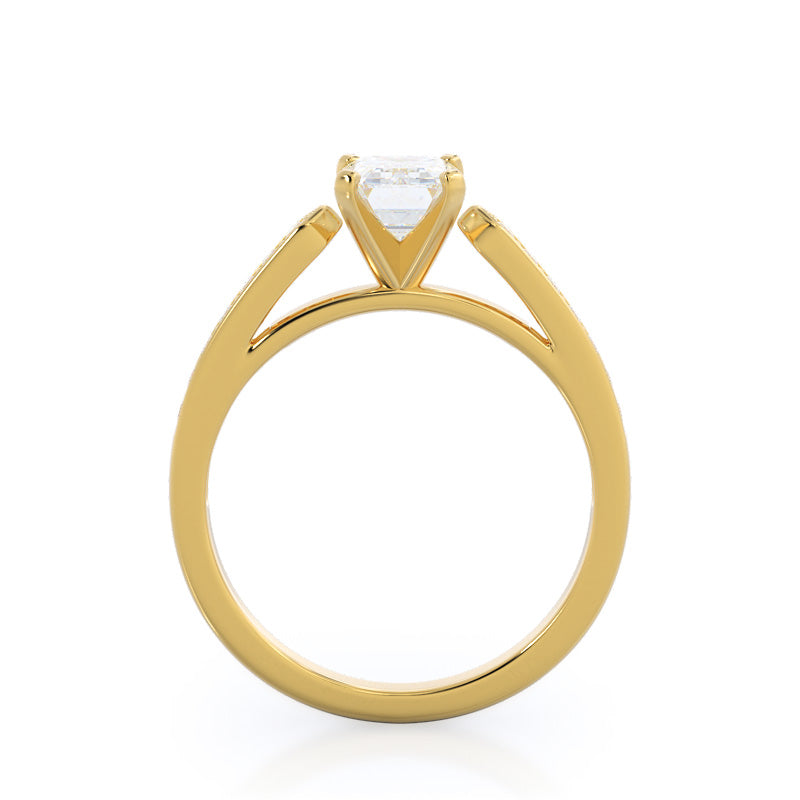 Tapered Cathedral Diamond Engagement Ring with Emerald Cut Diamond in 14KT Yellow Gold view 2
