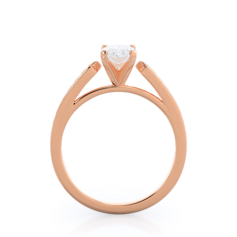 Tapered Cathedral Diamond Engagement Ring with Marquise Cut Diamond in 14KT Rose Gold view 2
