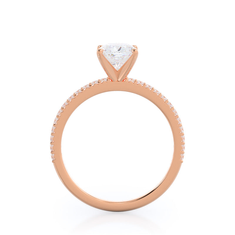 French Cut Pave Diamond Engagement Ring with Cushion Cut Diamond in 14KT Rose Gold view 2
