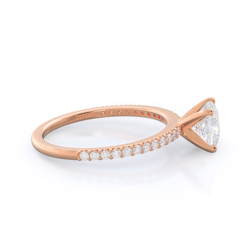 French Cut Pave Diamond Engagement Ring with Cushion Cut Diamond in 14KT Rose Gold view 3
