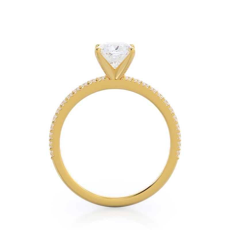 French Cut Pave Diamond Engagement Ring with Cushion Cut Diamond in 14KT Yellow Gold view 2
