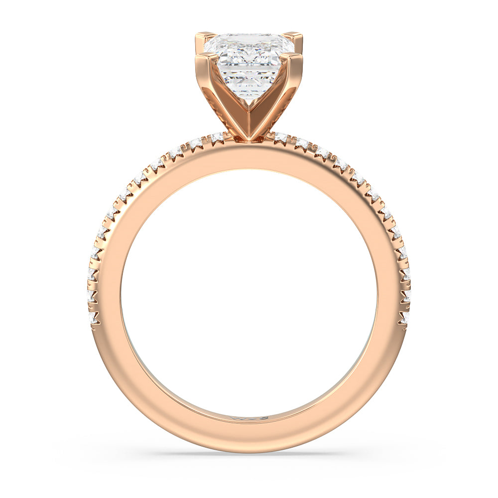 French Cut Pave Diamond Engagement Ring with Emerald Cut Diamond in 14KT Rose Gold view 2

