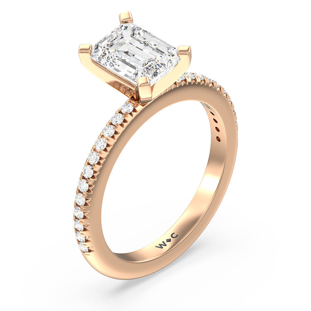 French Cut Pave Diamond Engagement Ring with Emerald Cut Diamond in 14KT Rose Gold view 3
