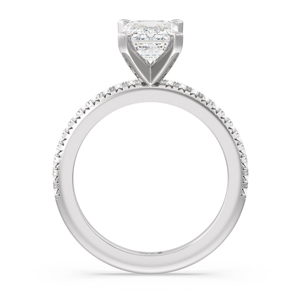 French Cut Pave Diamond Engagement Ring with Emerald Cut Diamond in 14KT Platinum view 2
