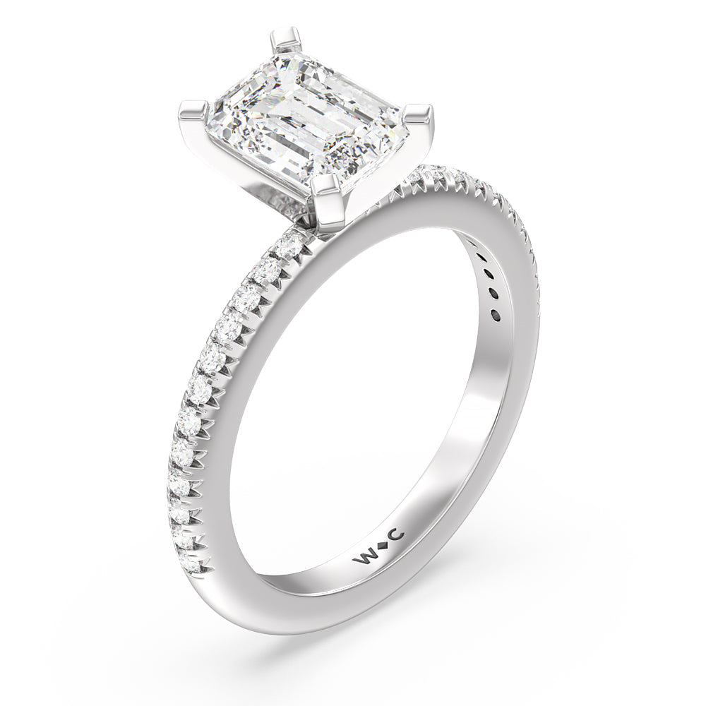 French Cut Pave Diamond Engagement Ring with Emerald Cut Diamond in 14KT Platinum view 3
