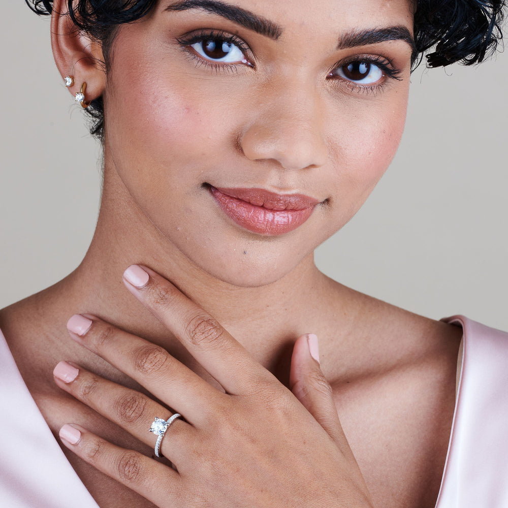 Model Wearing 2 1/5 cttw Round Cut French Cut Pave Diamond Engagement Ring view