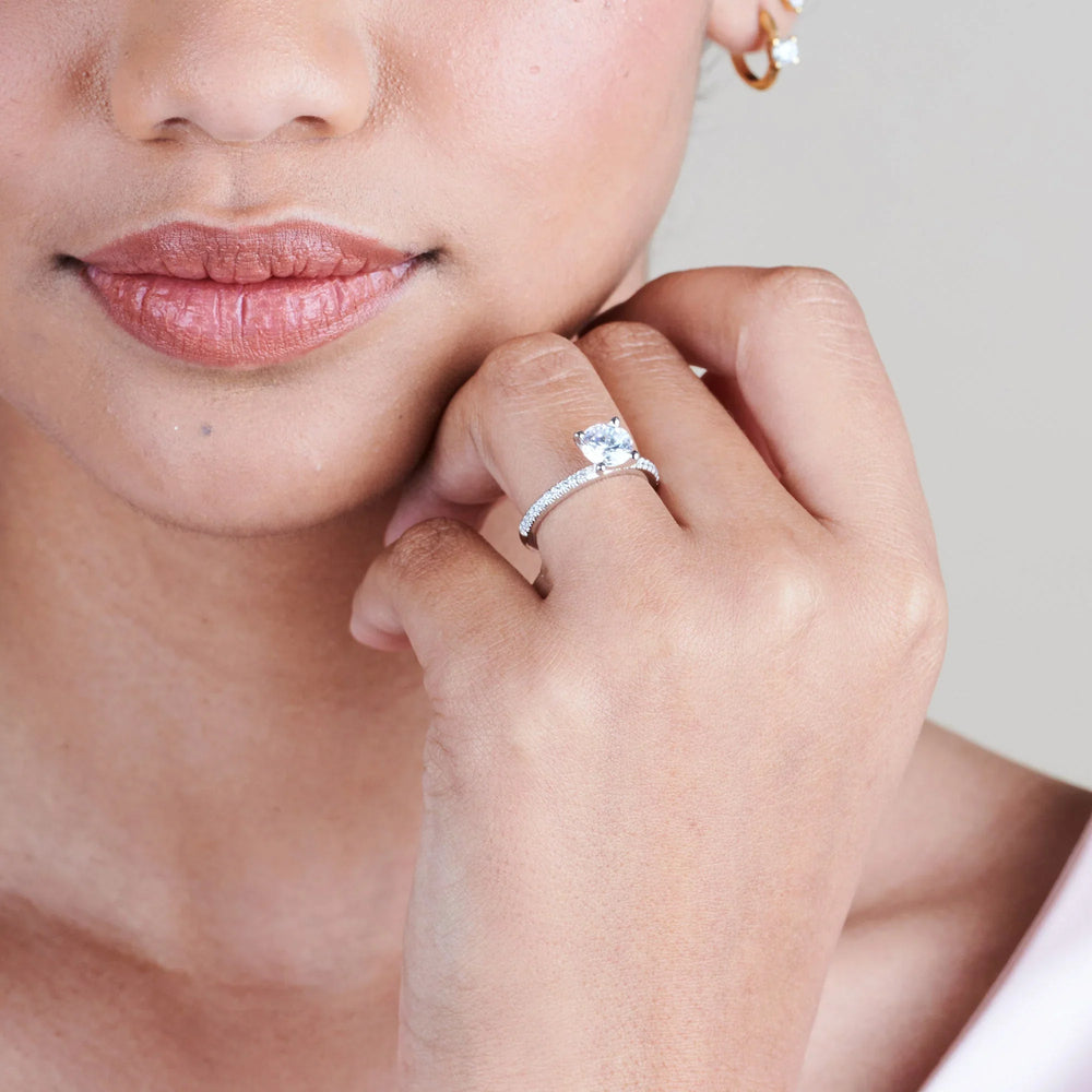 Model Wearing French Cut Pave Lab Diamond Engagement Ring with Lab Grown Diamond view