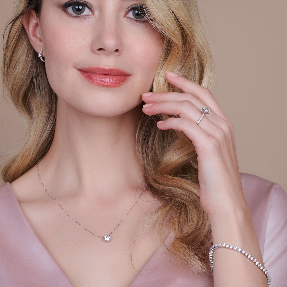 Model Wearing Traditional Pave Diamond Engagement Ring with Lab Grown Diamond view