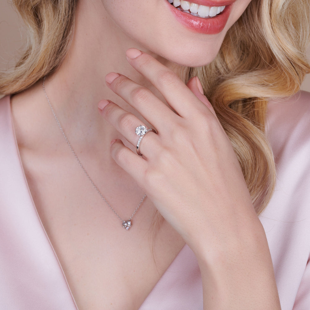 Model Wearing Traditional Pave Diamond Engagement Ring with Lab Grown Diamond view