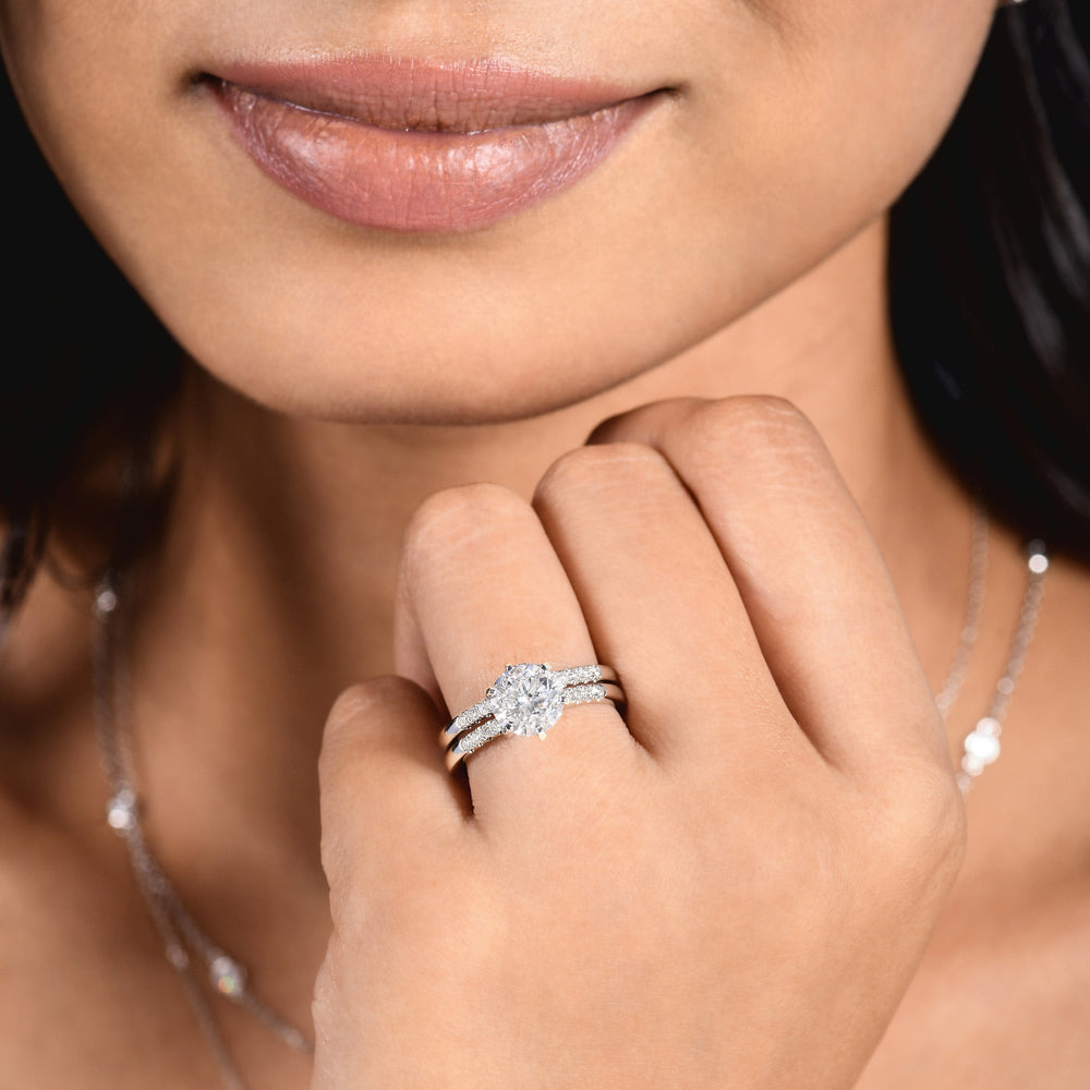 Model Wearing Traditional Pave Diamond Engagement Ring with Lab Grown Diamond view