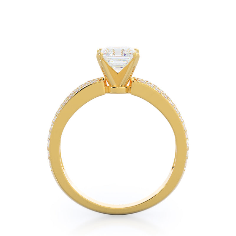 Asscher Cut Three Row Micro Pave Diamond Engagement Ring with Lab Grown Diamond in 14KT Yellow Gold view 2
