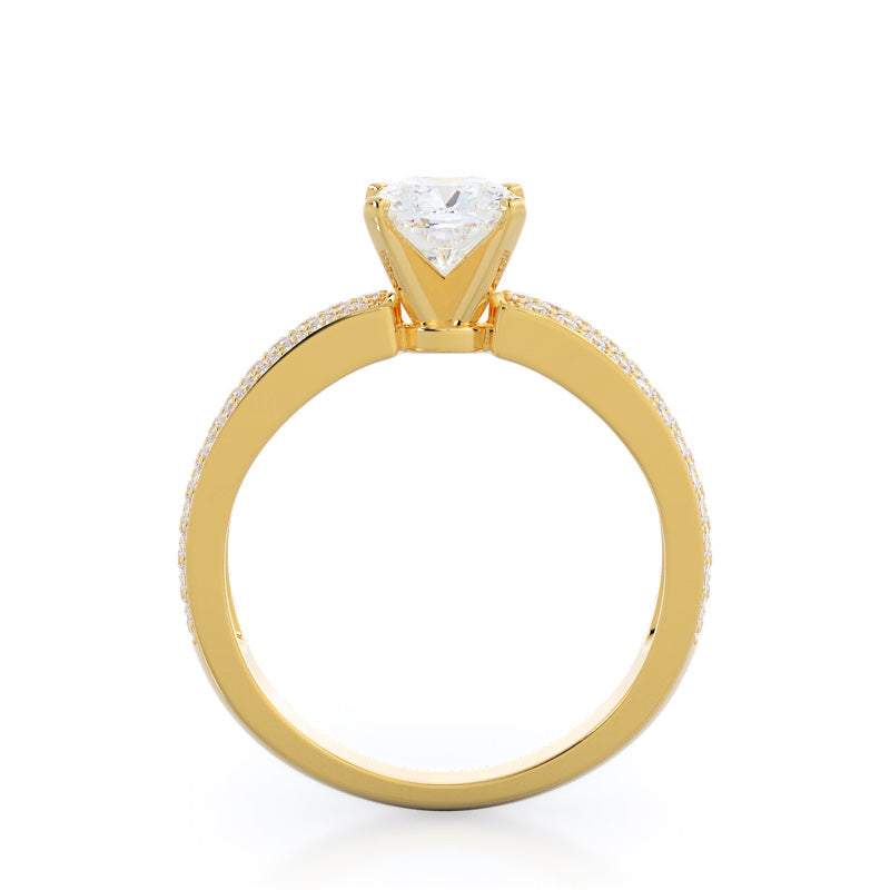 Three Row Micro Pave Diamond Engagement Ring with Cushion Cut Diamond in 14KT Yellow Gold view 2
