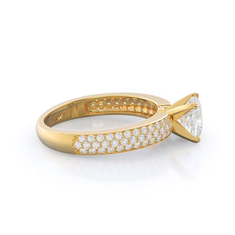 Three Row Micro Pave Diamond Engagement Ring with Cushion Cut Diamond in 14KT Yellow Gold view 3
