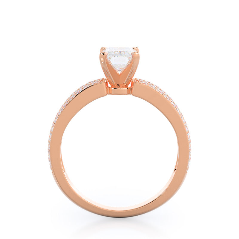 Three Row Micro Pave Diamond Engagement Ring with Emerald Cut Diamond in 14KT Rose Gold view 2
