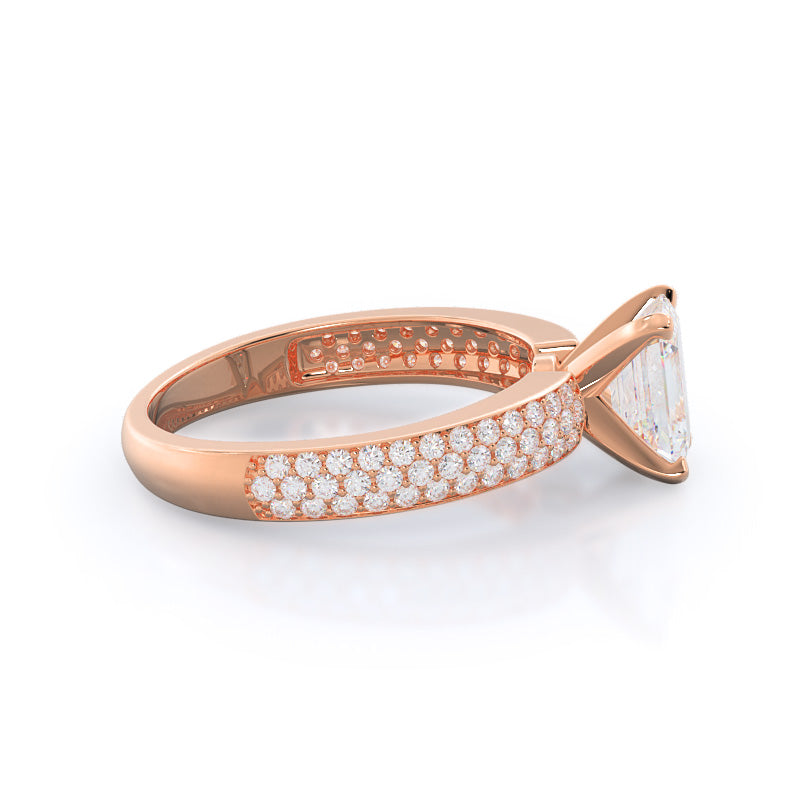 Three Row Micro Pave Diamond Engagement Ring with Emerald Cut Diamond in 14KT Rose Gold view 3
