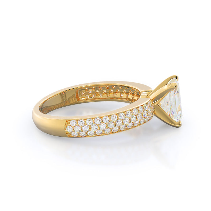 Three Row Micro Pave Diamond Engagement Ring with Emerald Cut Diamond in 14KT Yellow Gold view 3
