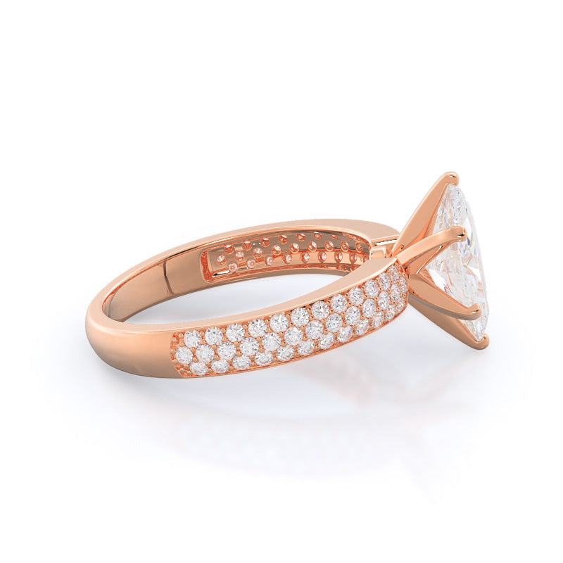 Three Row Micro Pave Diamond Engagement Ring with Marquise Cut Diamond in 14KT Rose Gold view 3
