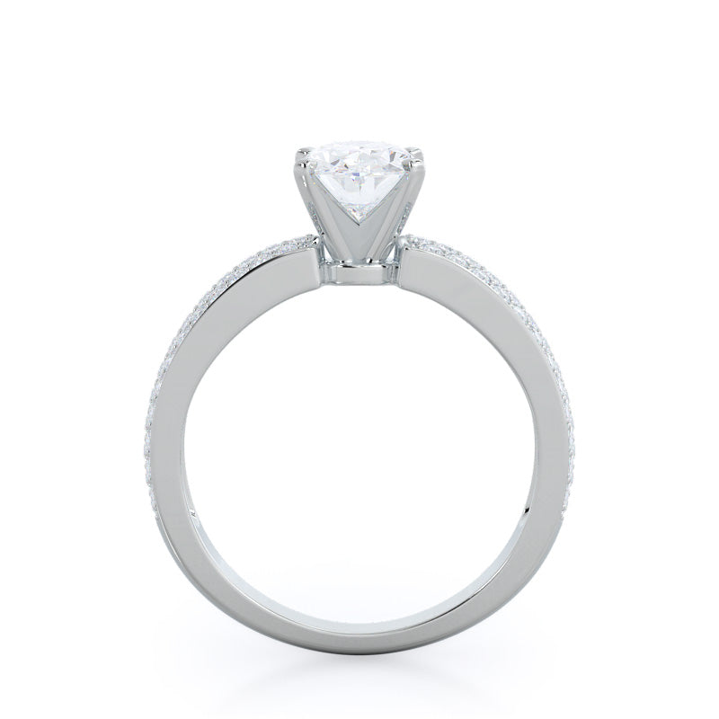 Three Row Micro Pave Diamond Engagement Ring with Oval Cut Diamond in 14KT Platinum view 2
