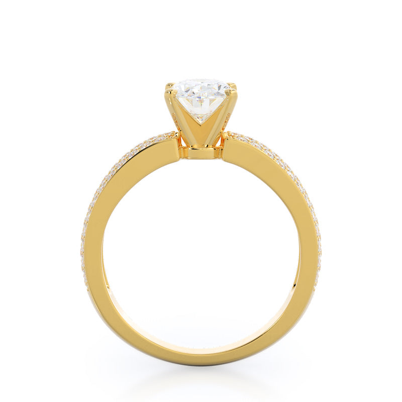 Three Row Micro Pave Diamond Engagement Ring with Oval Cut Diamond in 14KT Yellow Gold view 2
