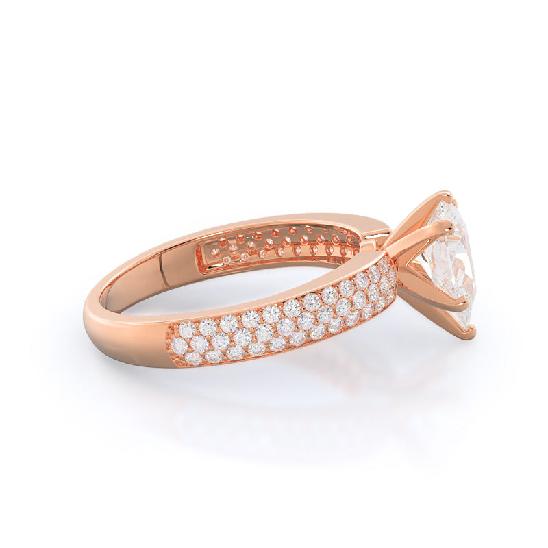 Three Row Micro Pave Diamond Engagement Ring with Pear Cut Diamond in 14KT Rose Gold view 3
