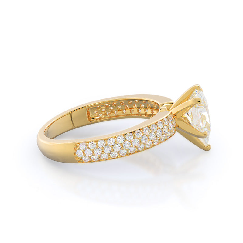Pear Cut Three Row Micro Pave Diamond Engagement Ring with Lab Grown Diamond in 14KT Yellow Gold view 3
