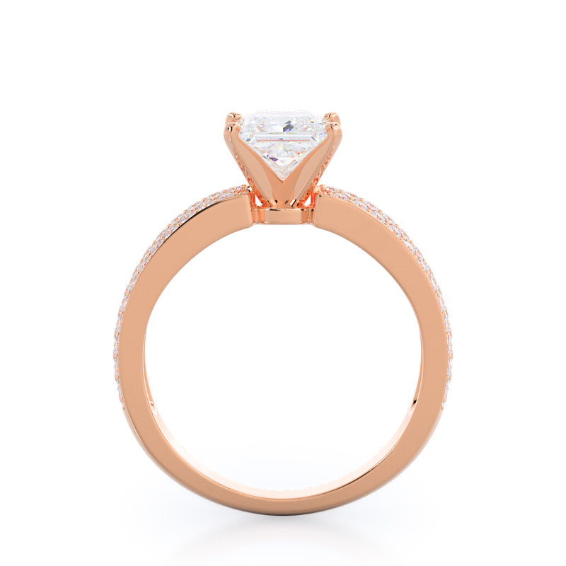 Three Row Micro Pave Diamond Engagement Ring with Princess Cut Diamond in 14KT Rose Gold view 2
