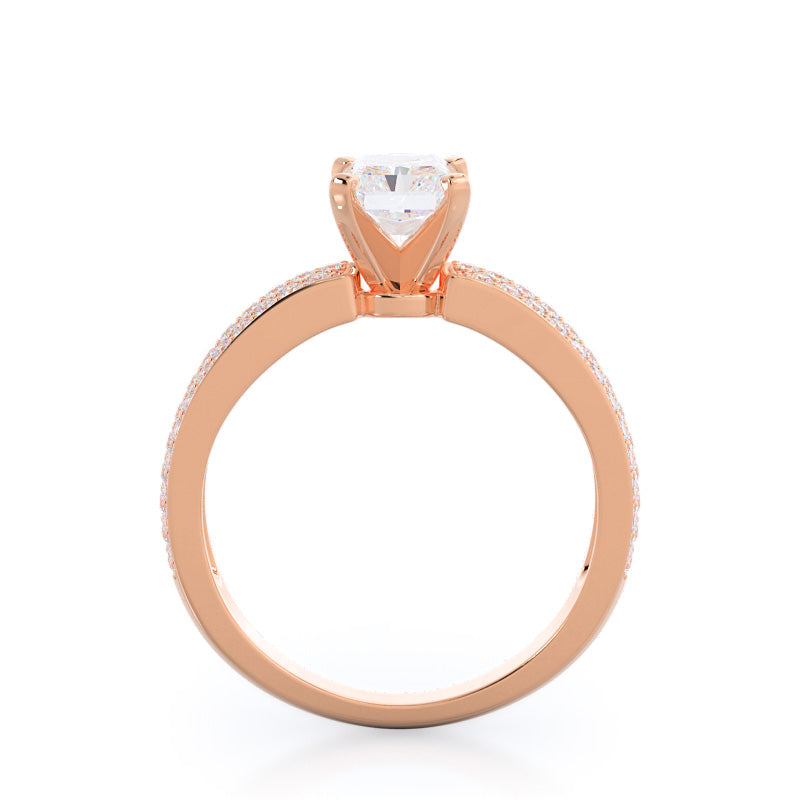 Three Row Micro Pave Diamond Engagement Ring with Radiant Cut Diamond in 14KT Rose Gold view 2
